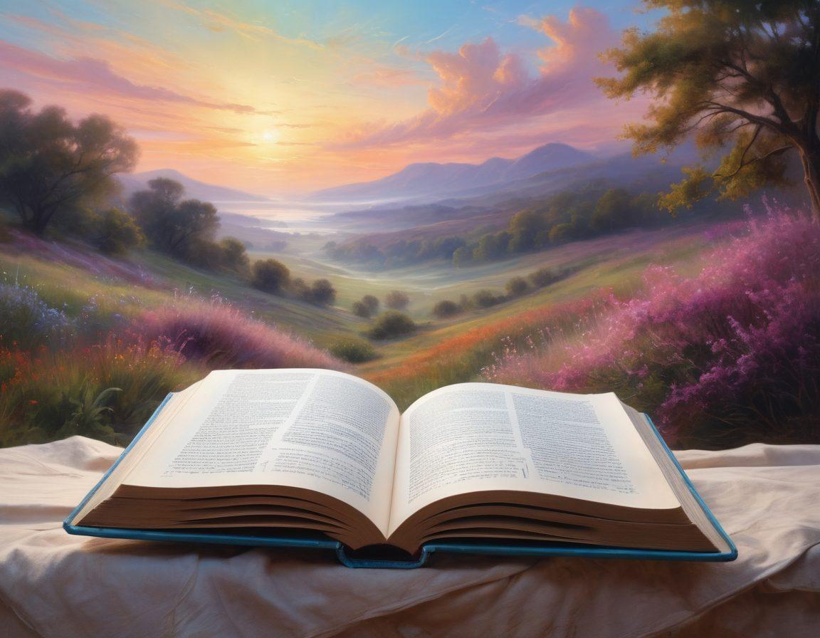 A serene landscape blending soft pastels with swirling emotional brush strokes, featuring an open book with flowing poetic verses. Ethereal wisps of thought and colorful hues symbolize emotions, bridging the art and poetry in harmony. A contemplative figure gazes at the horizon, lost in introspection. mystical and dreamy. soft focus. vibrant colors. 3D.