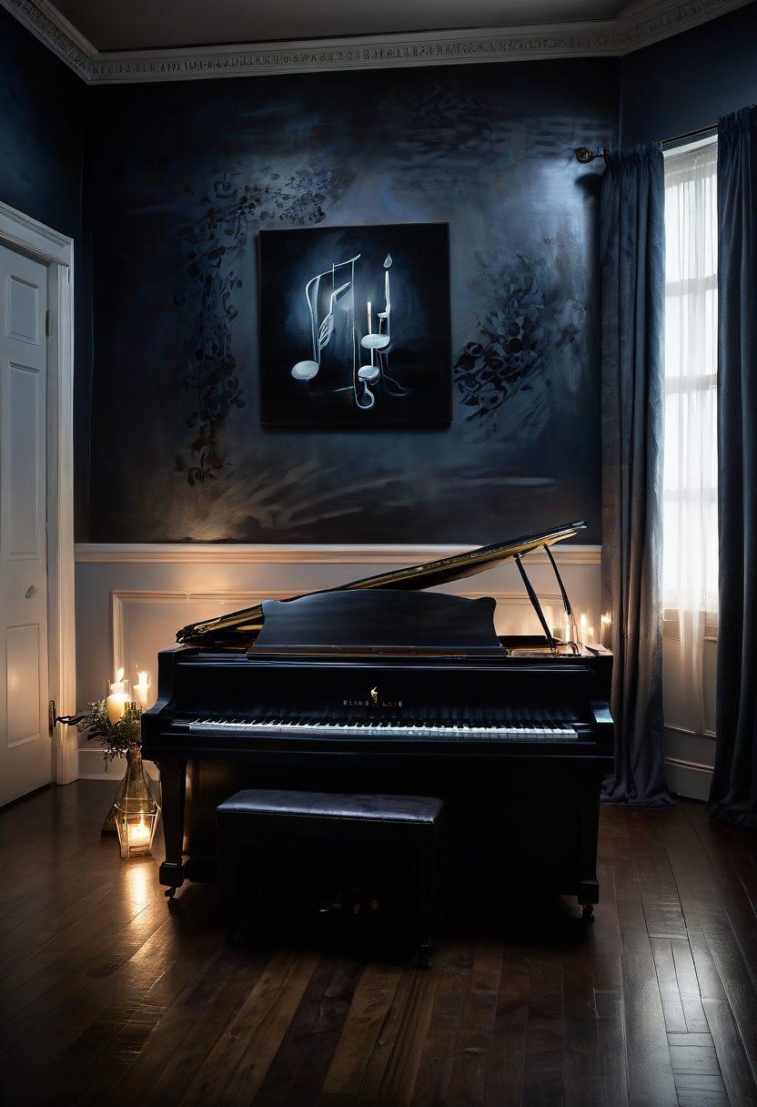 A hauntingly beautiful scene combining elements of art and music, featuring a dimly lit room with a melancholic painting on the wall and a vintage piano in the corner. The atmosphere is thick with emotion, shadows dance across the floor, and delicate notes float in the air like wisps of fog. Incorporate somber colors like deep blues and grays, along with flickering candlelight to enhance the mood of sadness and introspection. surrealism. muted tones. elegant details.